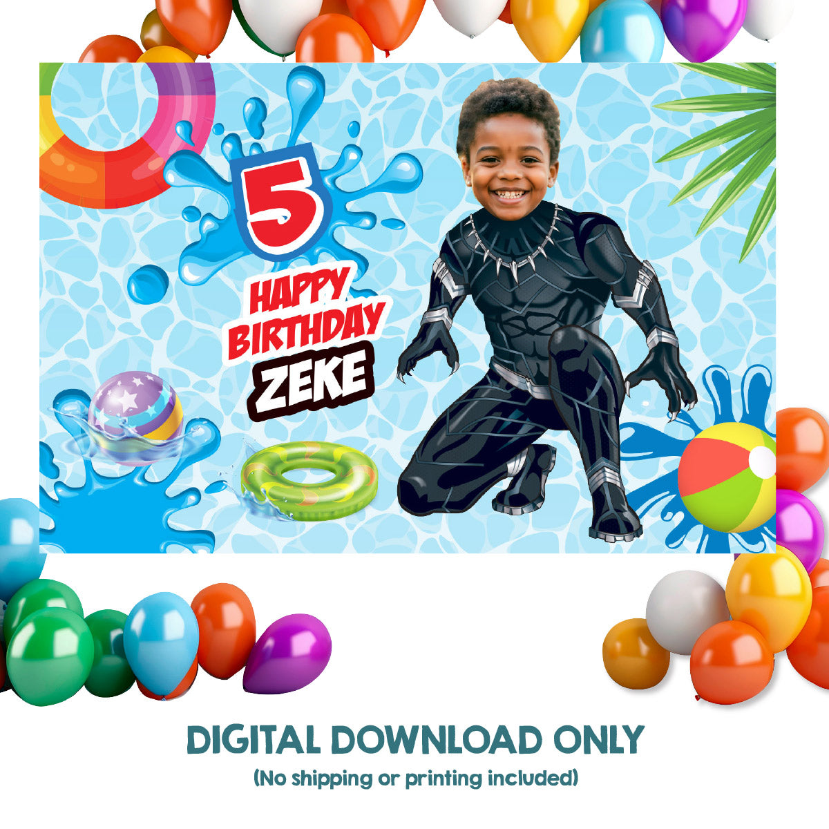 Custom Black Panther Pool Party Backdrop with birthday child as the star. 707BB