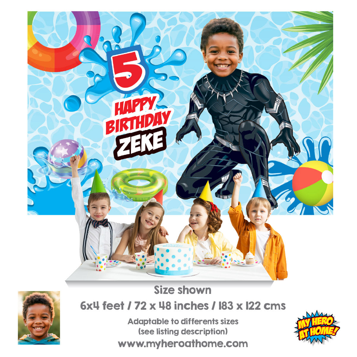 Custom Black Panther Pool Party Backdrop with birthday child as the star. 707BB