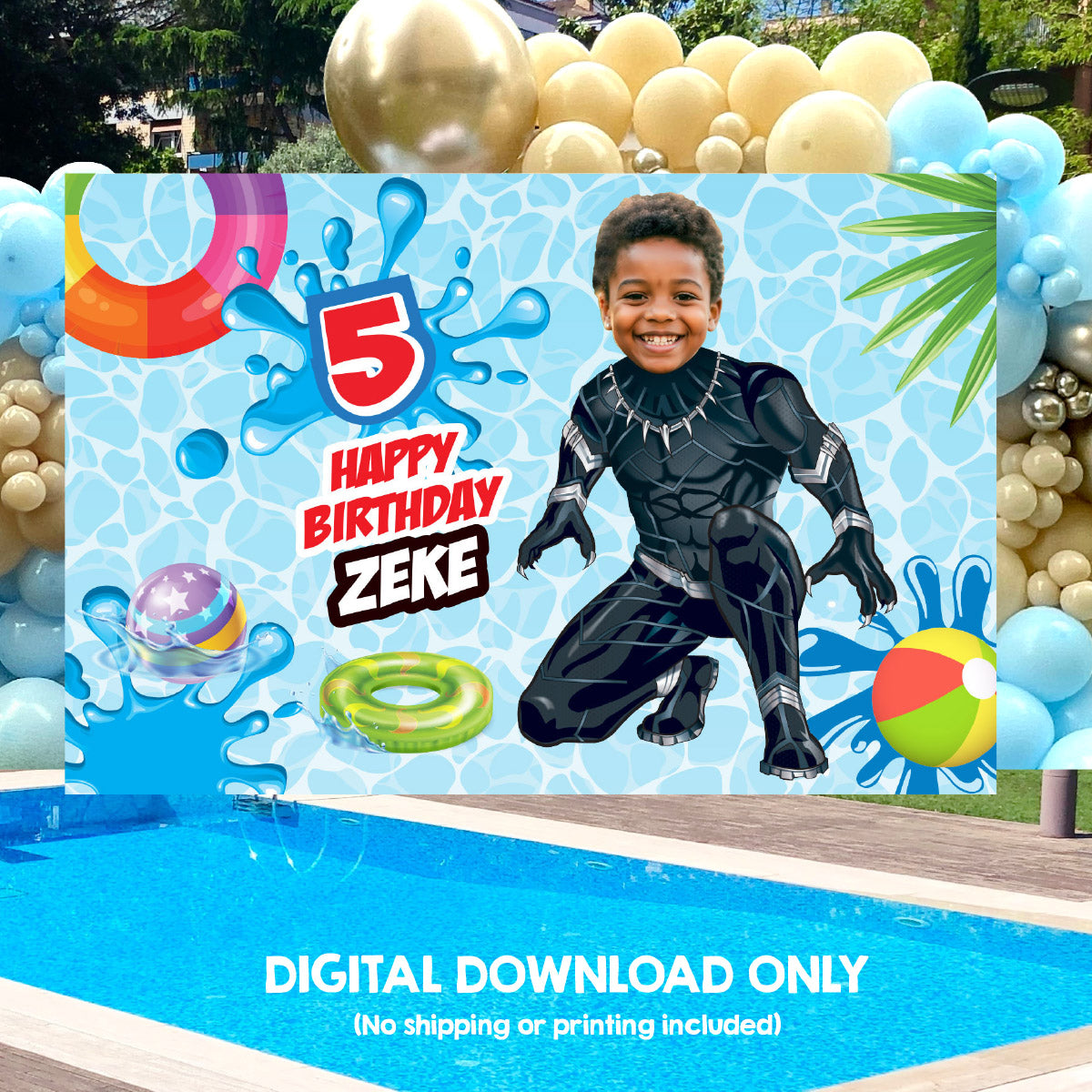 Custom Black Panther Pool Party Backdrop with birthday child as the star. 707BB