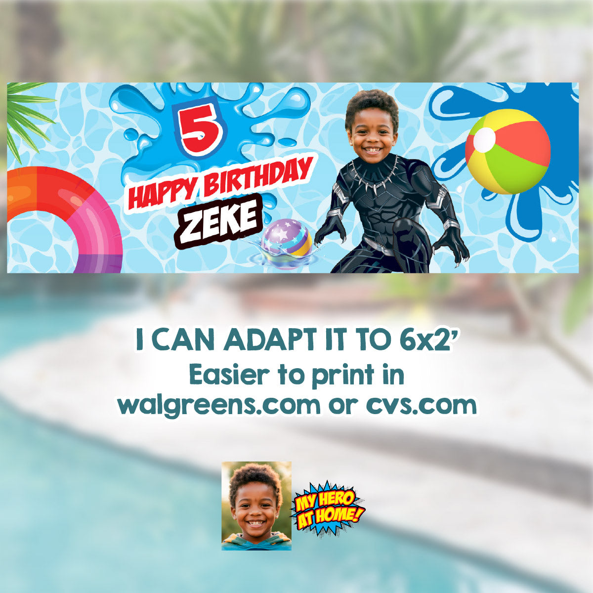 Custom Black Panther Pool Party Backdrop with birthday child as the star. 707BB