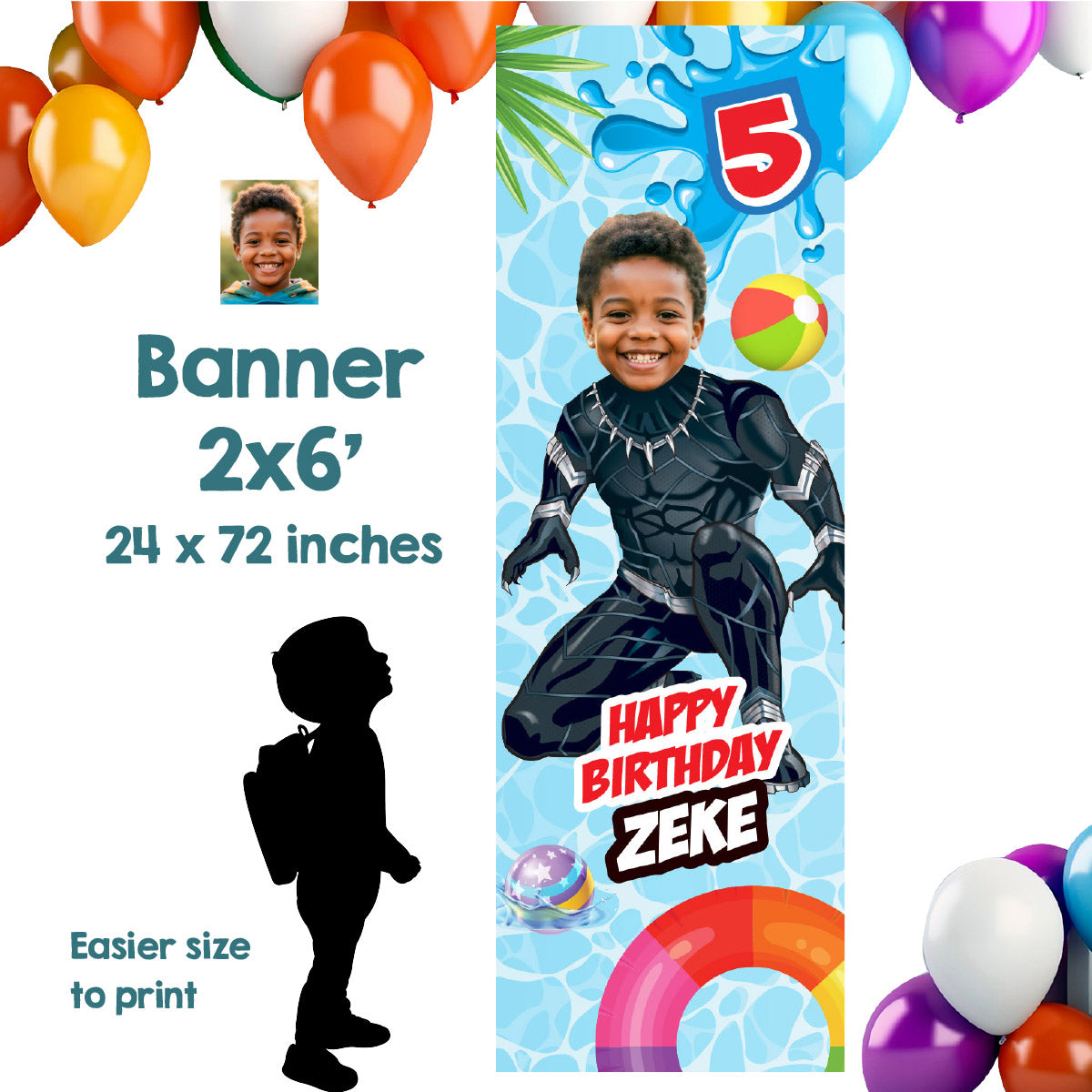Personalized Black Panther splash party vertical banner with photo (Portrait, Roll up). 707BBV