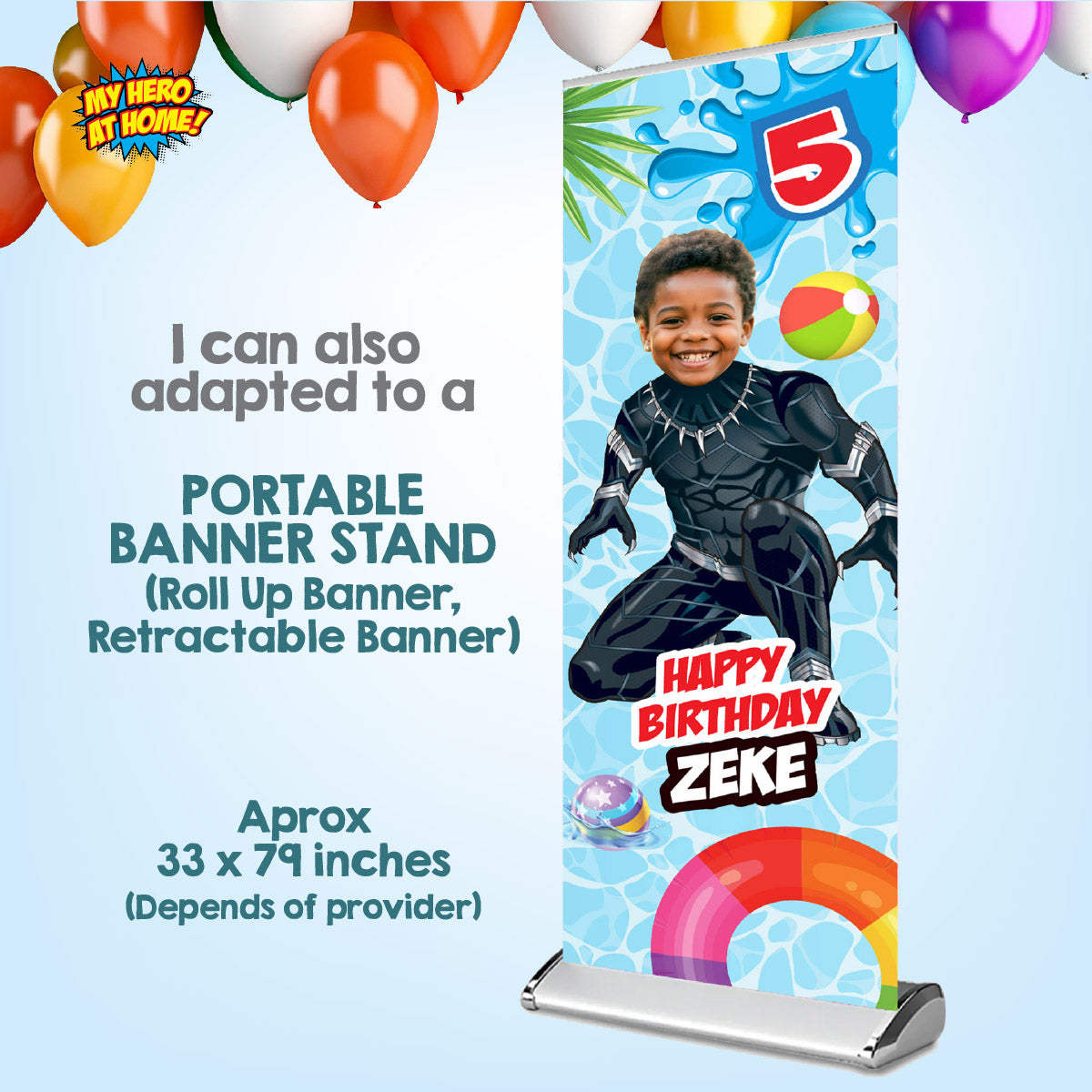Personalized Black Panther splash party vertical banner with photo (Portrait, Roll up). 707BBV