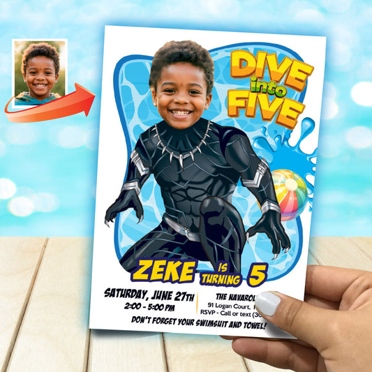 Personalized Black Panther Dive Into Age Pool Party Invitation with photo. 707BIN
