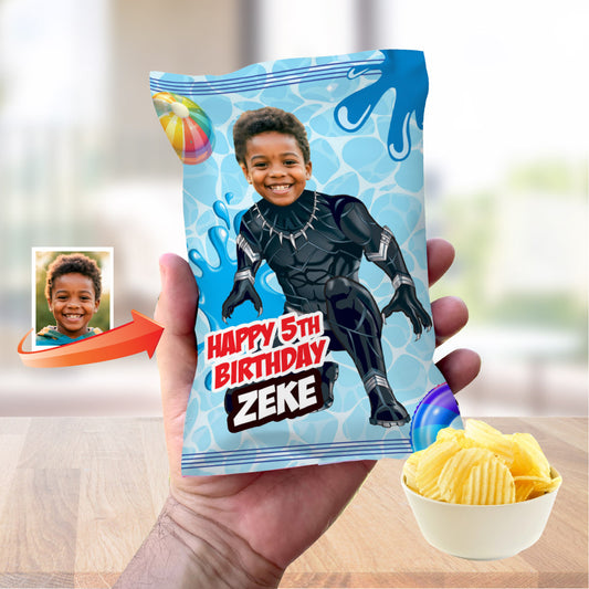 Black Panther Pool Party Chip Bags with photo, Wakanda Splash Party Snacks wrappers. 707CB