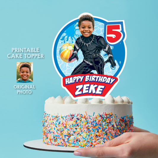 Black Panther Pool Party Cake topper with birthday kid as favorite Superhero. 707CT1