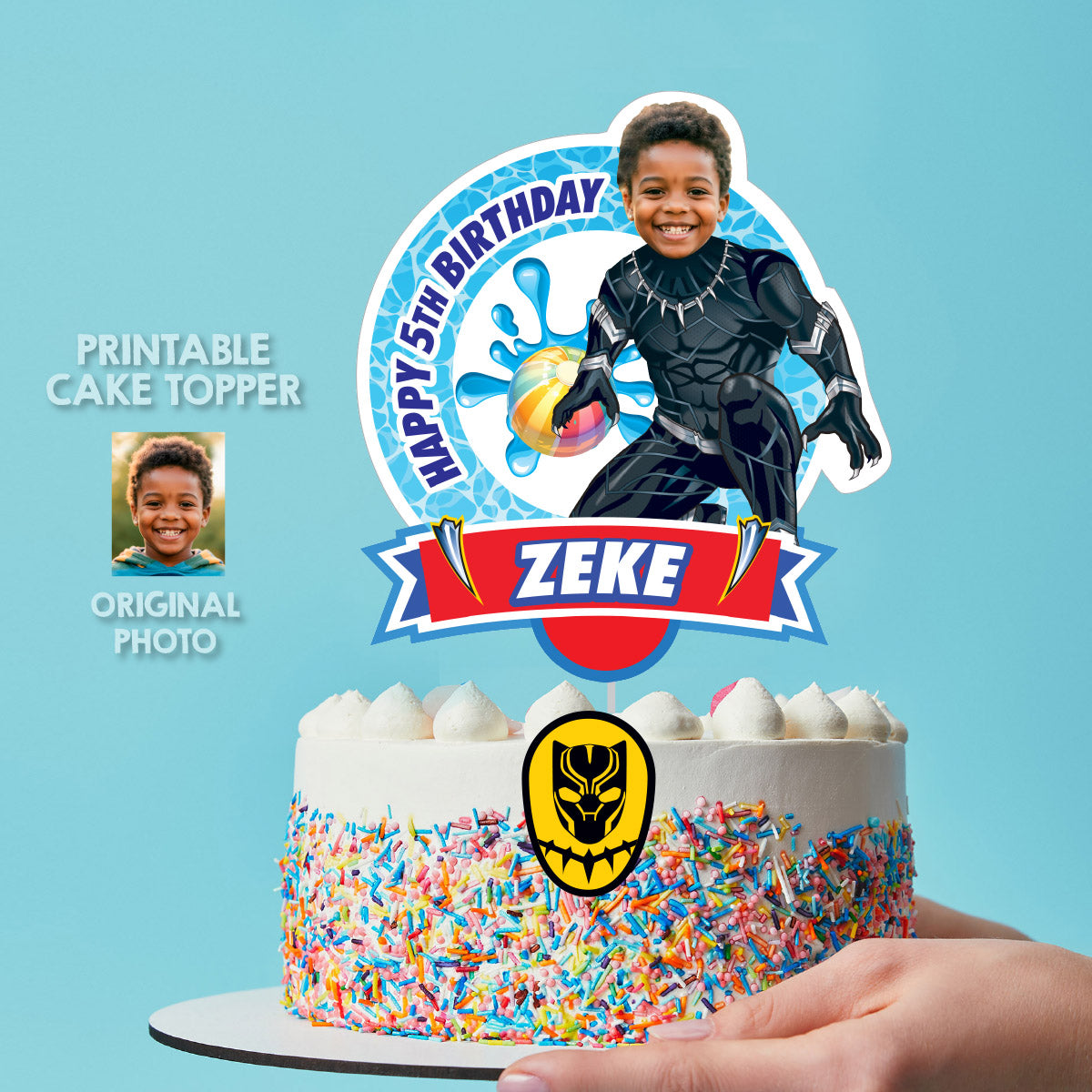 Pool Party Cake topper with birthday kid as Black Panther (Printable PDF). 707CT2