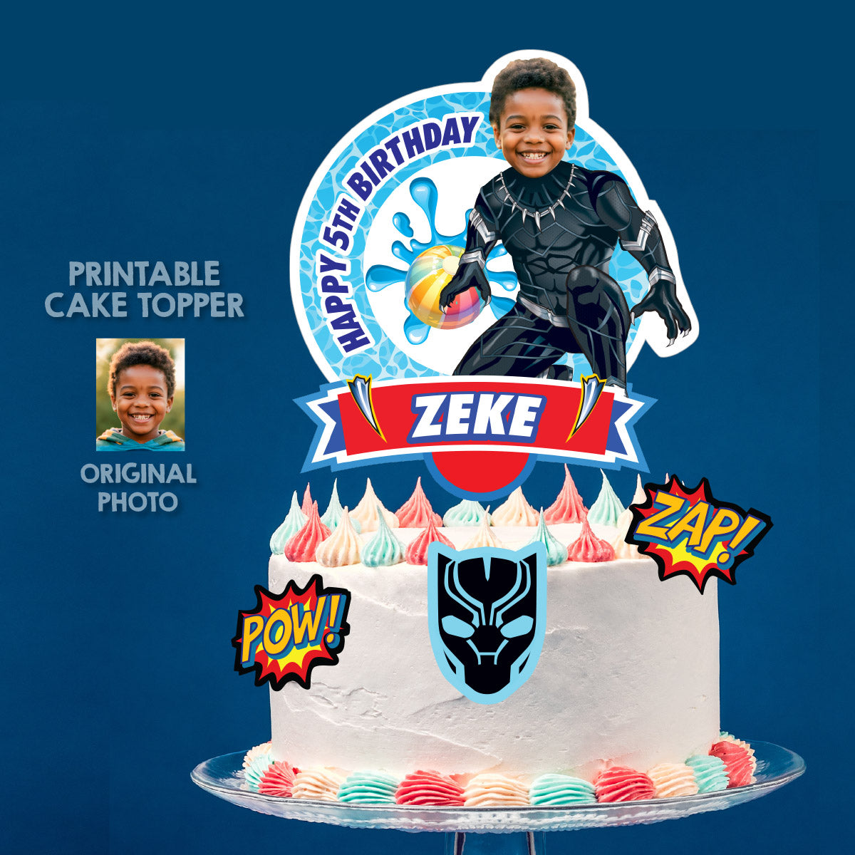 Pool Party Cake topper with birthday kid as Black Panther (Printable PDF). 707CT2
