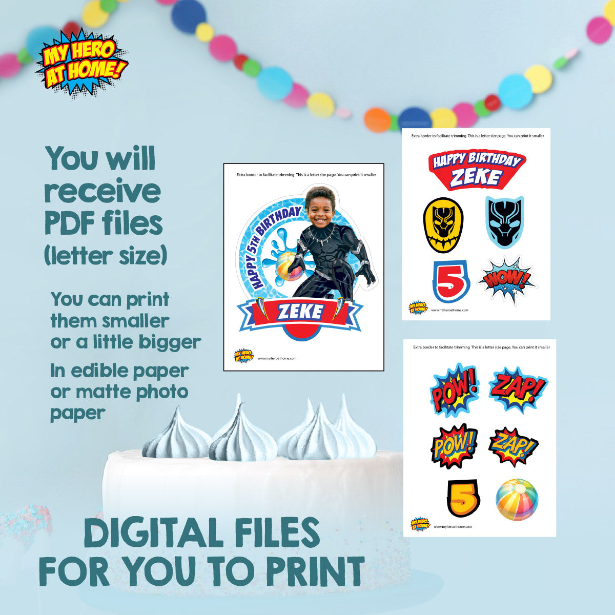 Pool Party Cake topper with birthday kid as Black Panther (Printable PDF). 707CT2