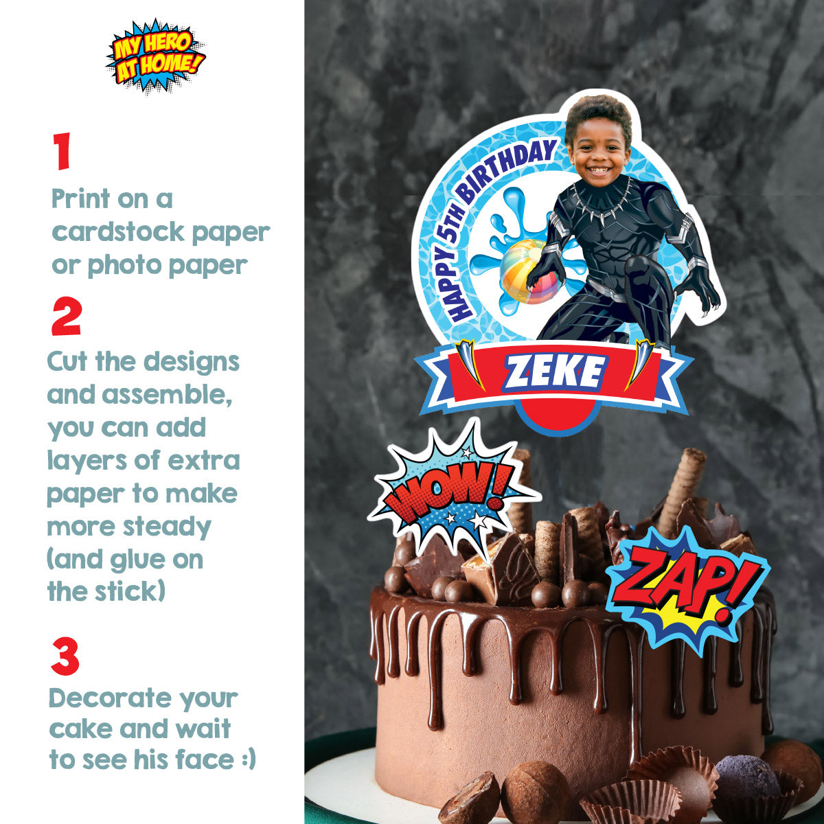 Pool Party Cake topper with birthday kid as Black Panther (Printable PDF). 707CT2