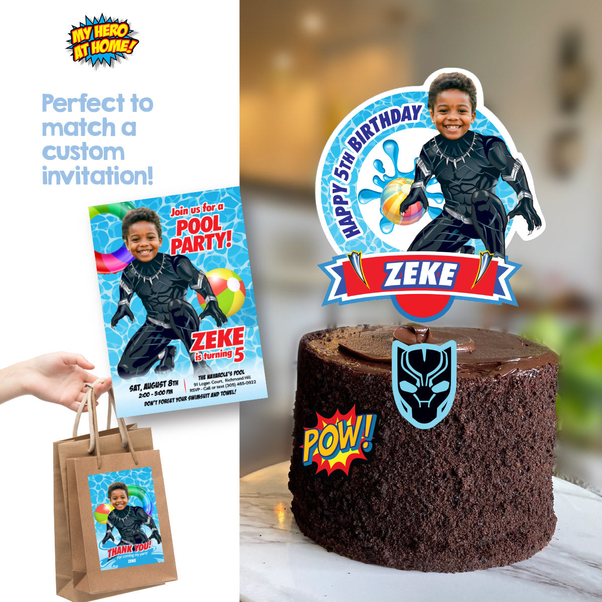 Pool Party Cake topper with birthday kid as Black Panther (Printable PDF). 707CT2