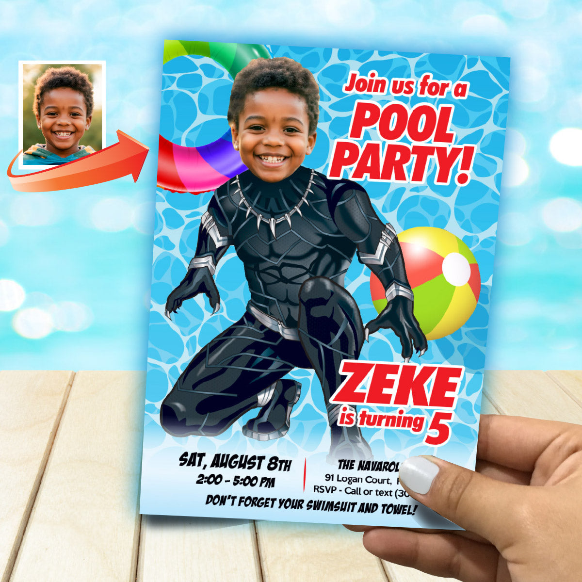 Custom Black Panther Pool Party Invitation with your kid as the star. 707IN