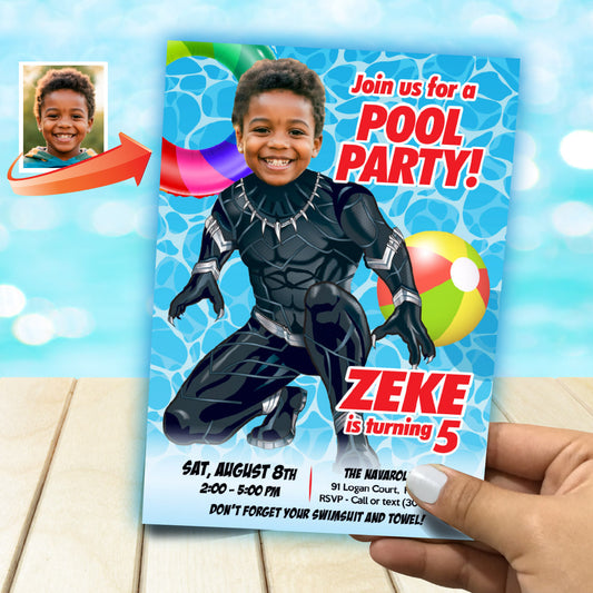 Custom Black Panther Pool Party Invitation with your kid as the star. 707IN
