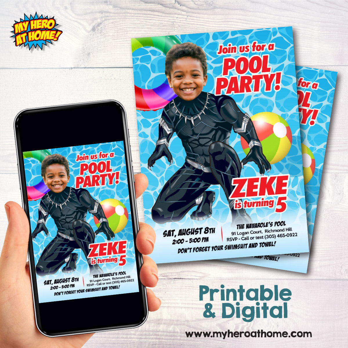 Custom Black Panther Pool Party Invitation with your kid as the star. 707IN