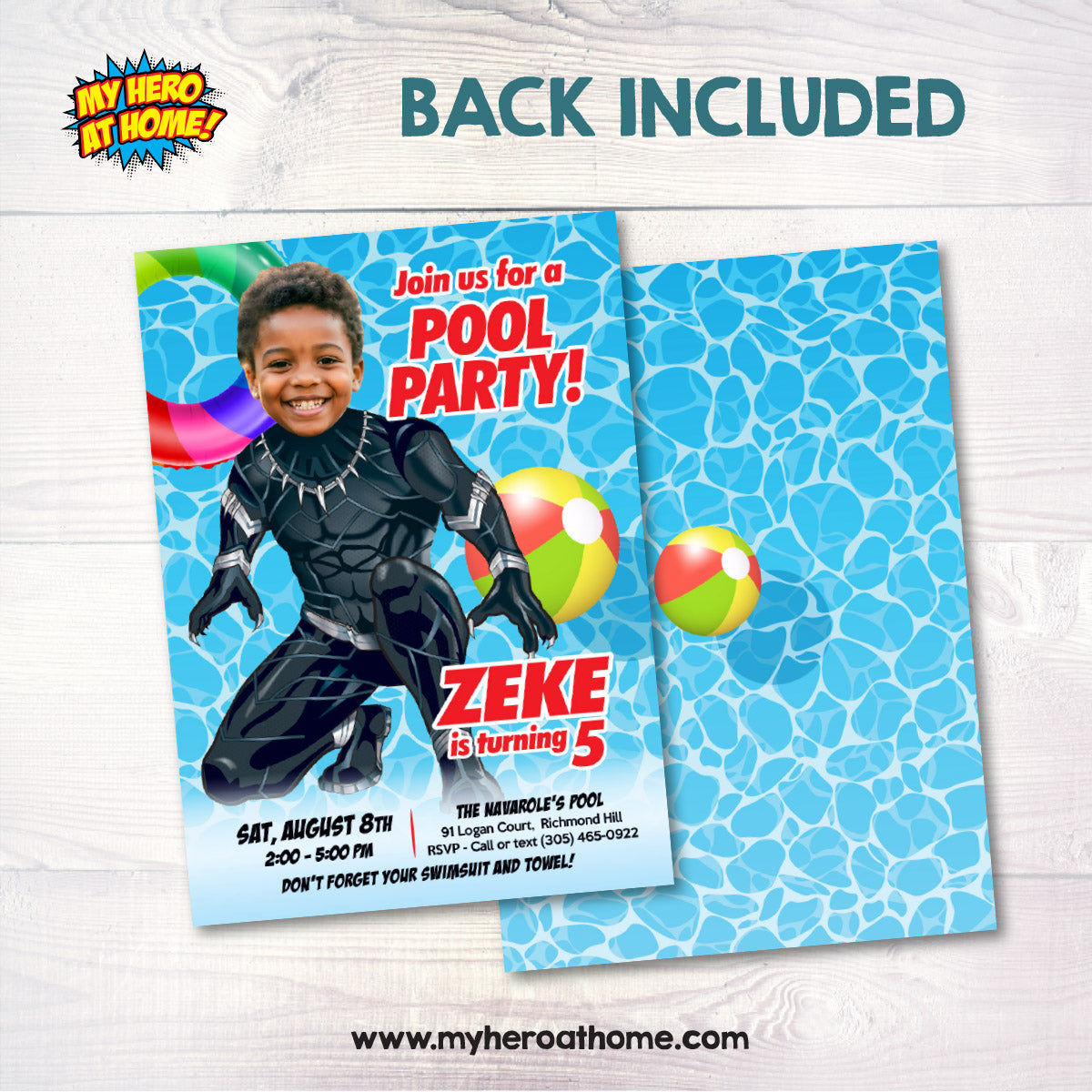 Custom Black Panther Pool Party Invitation with your kid as the star. 707IN