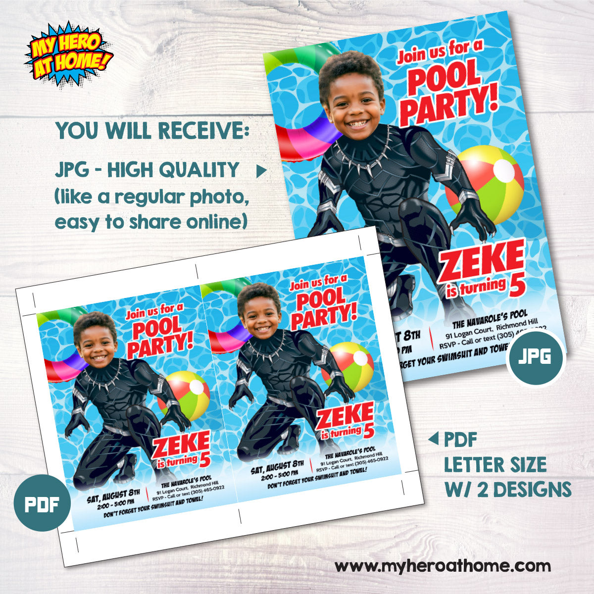 Custom Black Panther Pool Party Invitation with your kid as the star. 707IN