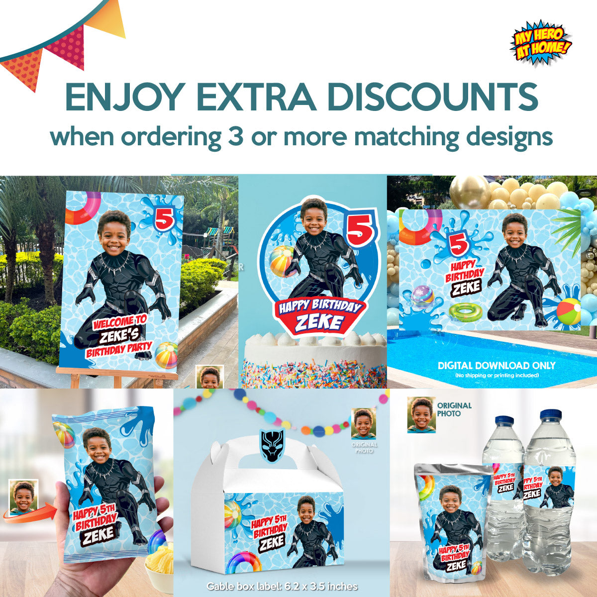 Pool Party Cake topper with birthday kid as Black Panther (Printable PDF). 707CT2