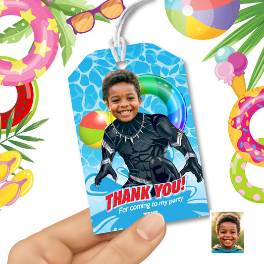 Custom Black Panther Pool Party Thank You card and tags with photo. 707TY