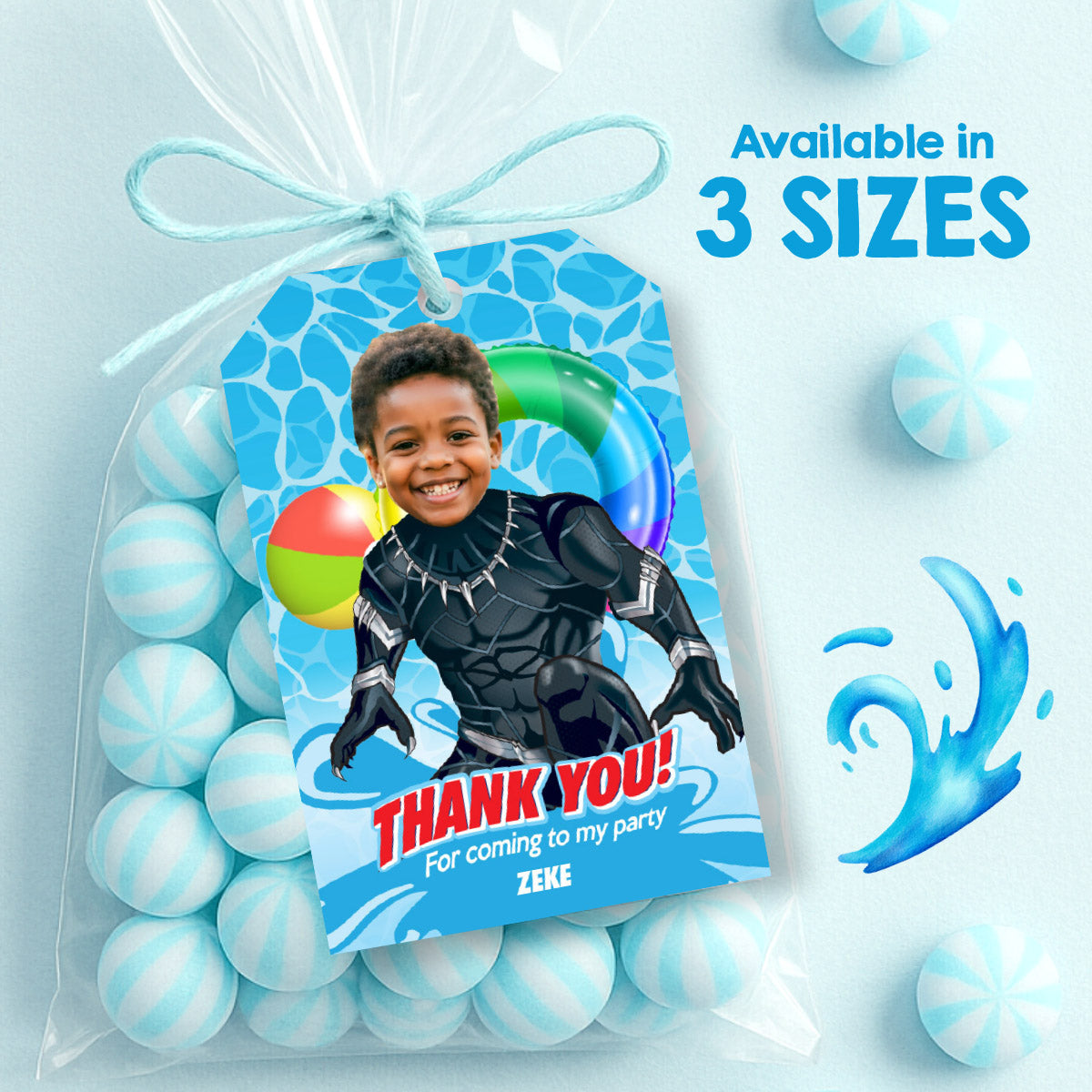Custom Black Panther Pool Party Thank You card and tags with photo. 707TY