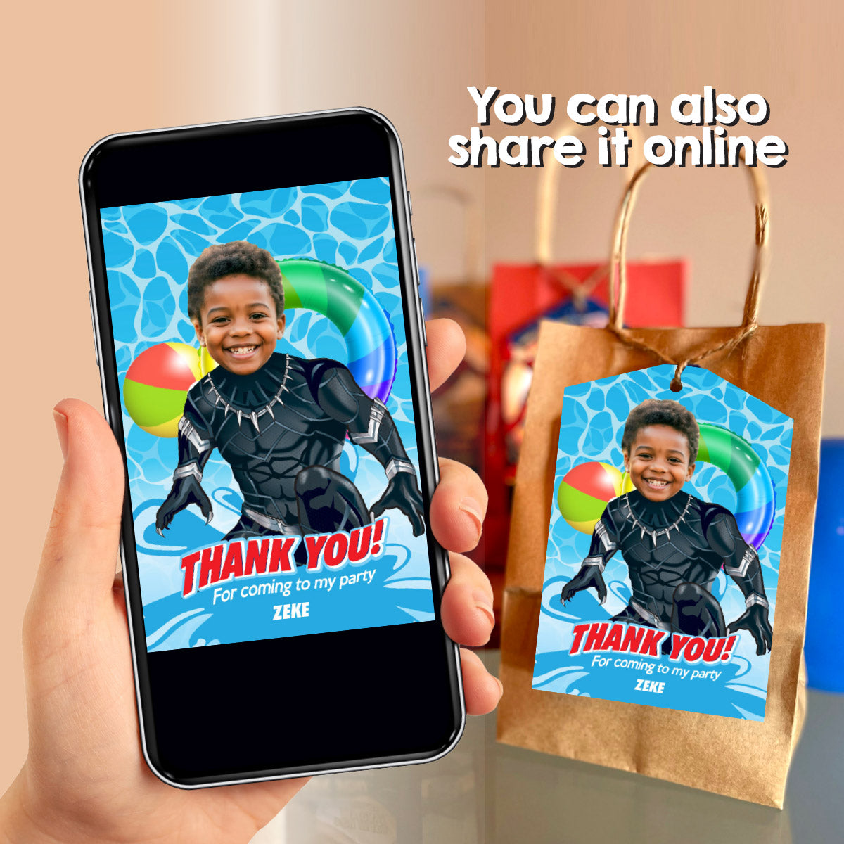 Custom Black Panther Pool Party Thank You card and tags with photo. 707TY