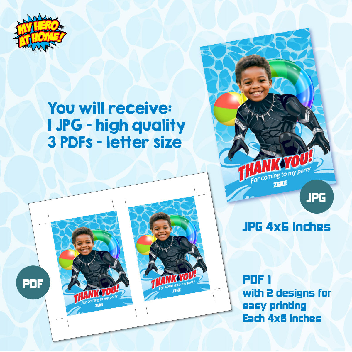 Custom Black Panther Pool Party Thank You card and tags with photo. 707TY