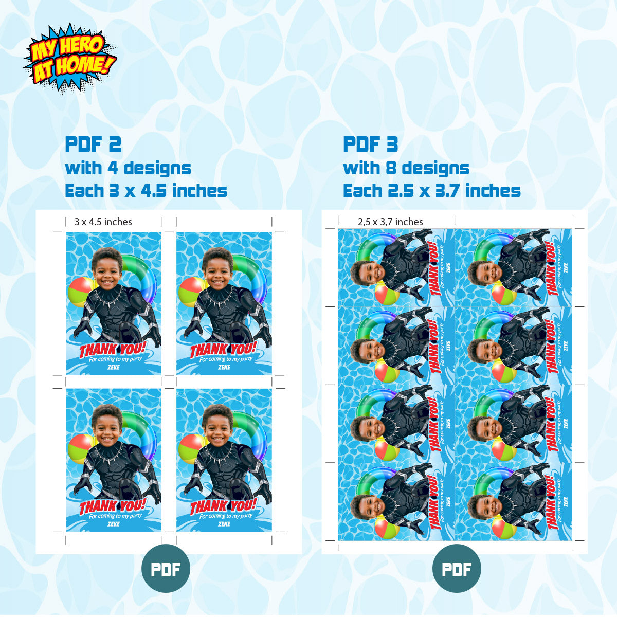 Custom Black Panther Pool Party Thank You card and tags with photo. 707TY