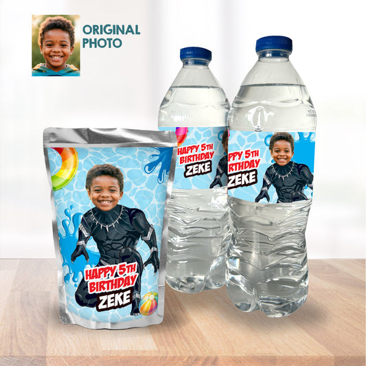Custom Black Panther Pool Party Water Bottle and Juices wrappers with photo. 707WJ