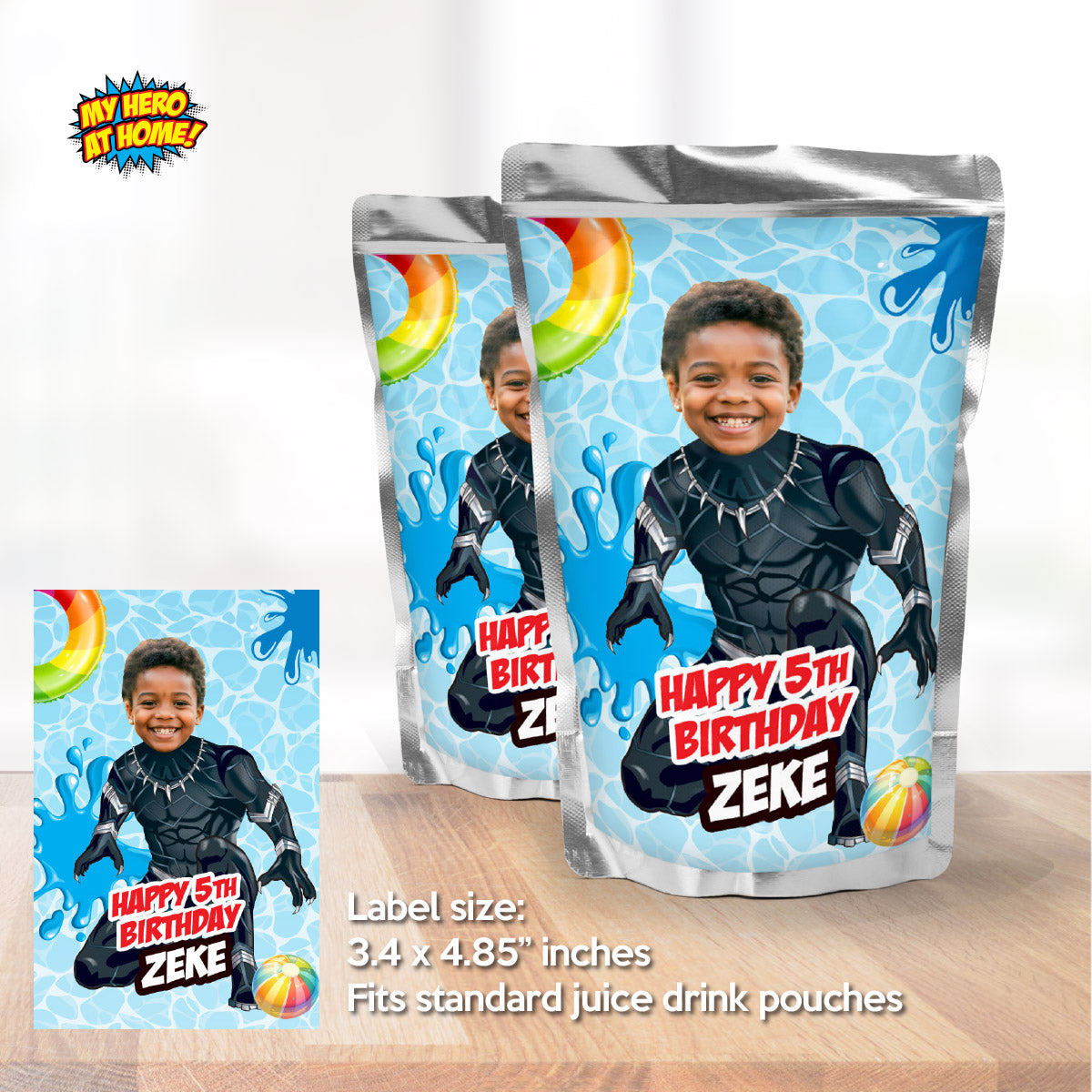 Custom Black Panther Pool Party Water Bottle and Juices wrappers with photo. 707WJ