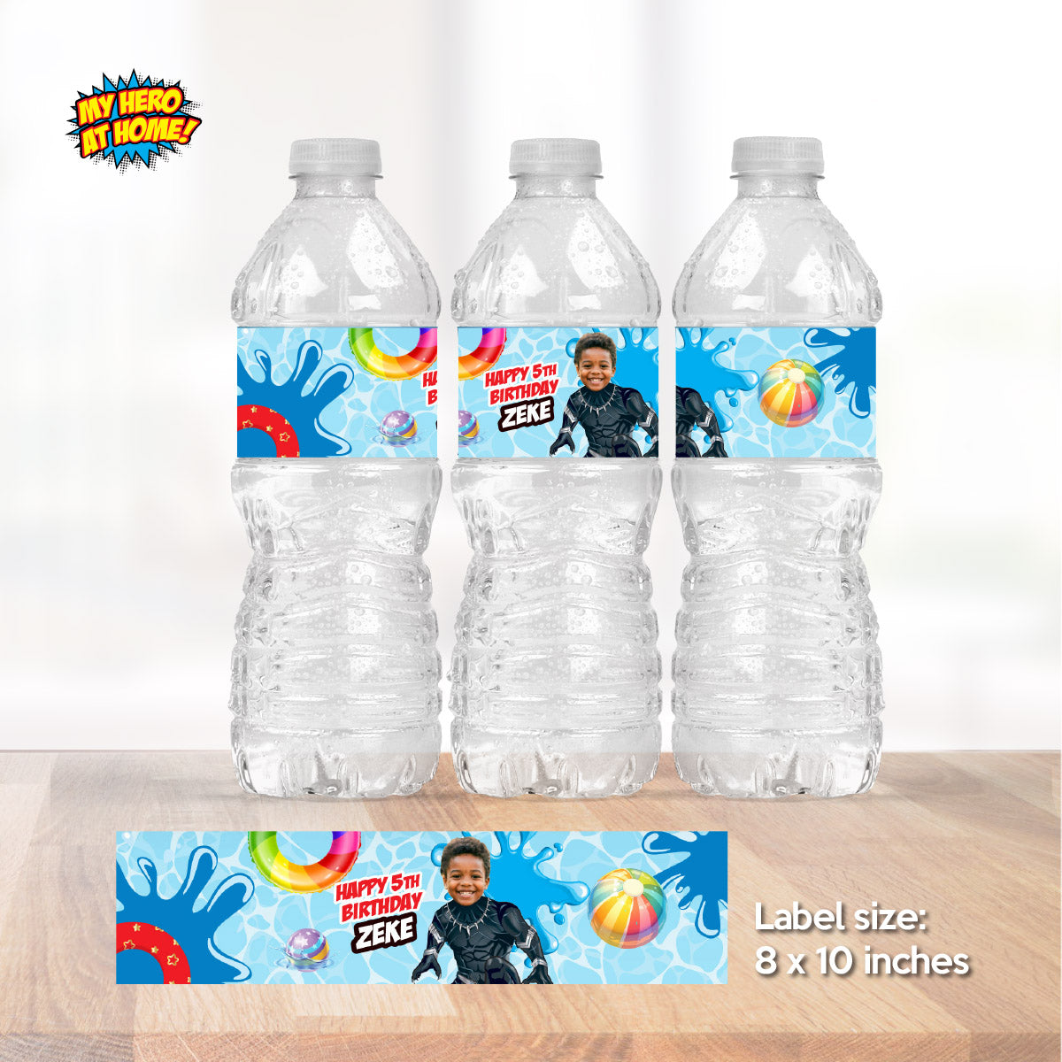 Custom Black Panther Pool Party Water Bottle and Juices wrappers with photo. 707WJ