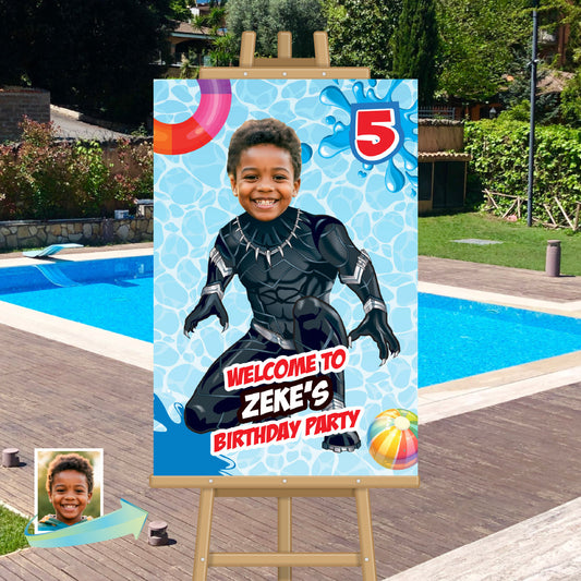 Custom Black Panther Pool Party Welcome Sign With Photo, Black Panther Splash party Entrance. 707WS