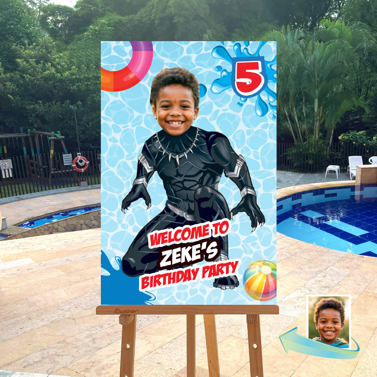 Custom Black Panther Pool Party Welcome Sign With Photo, Black Panther Splash party Entrance. 707WS