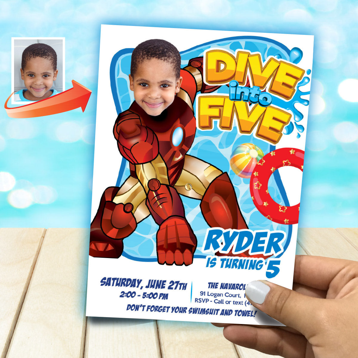 Personalized Ironman Pool Party Dive into Age Invitation with photo (Digital). 708BIN