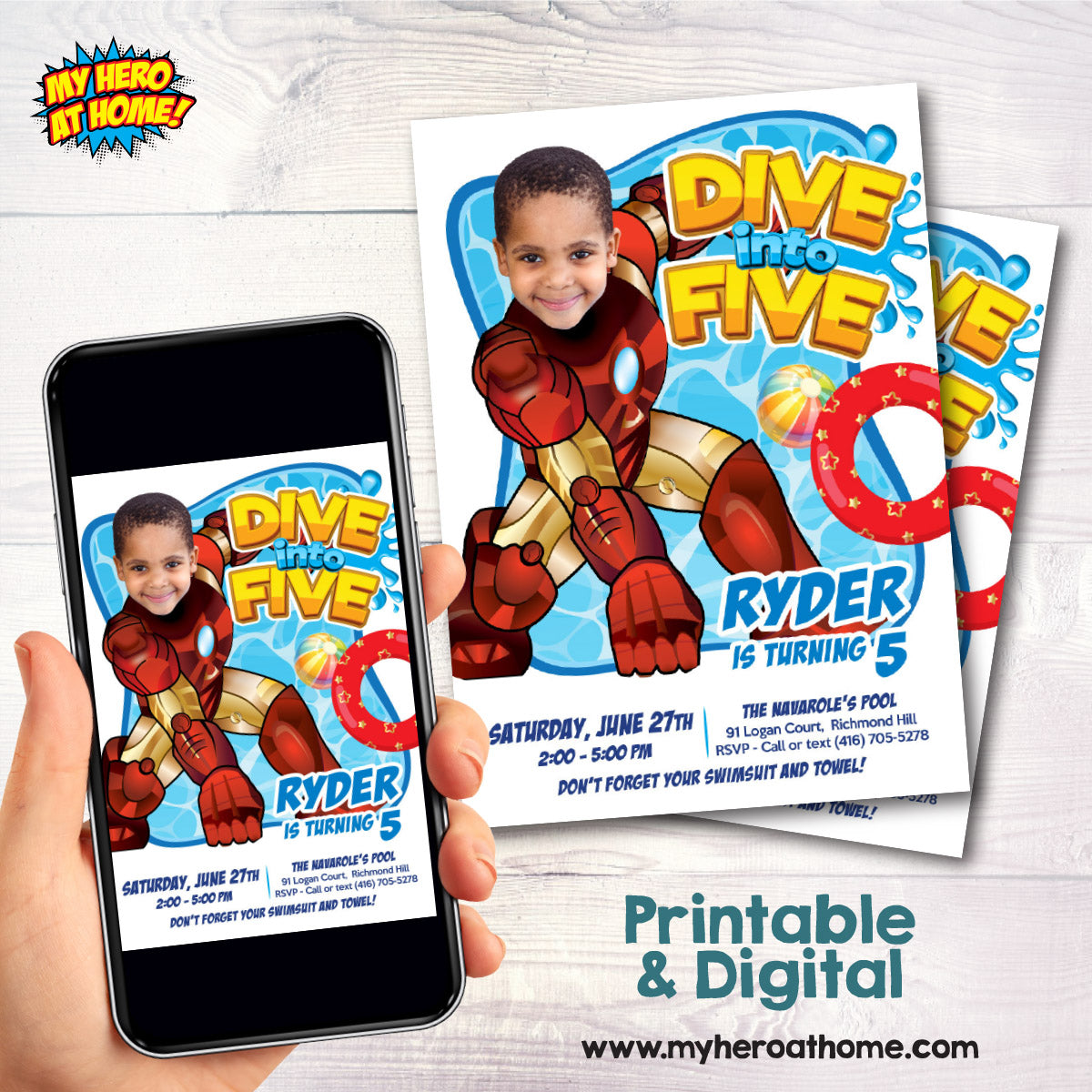 Personalized Ironman Pool Party Dive into Age Invitation with photo (Digital). 708BIN