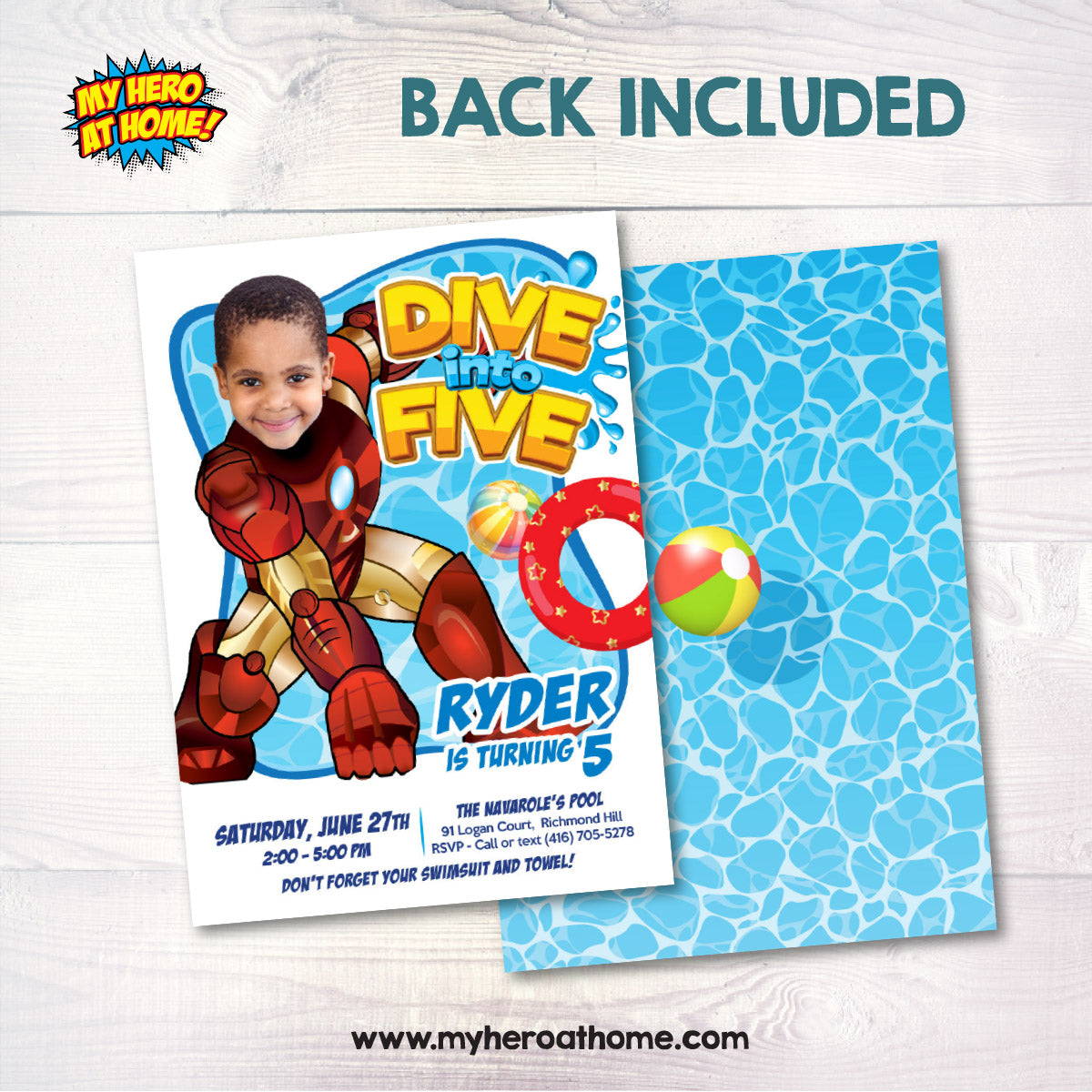 Personalized Ironman Pool Party Dive into Age Invitation with photo (Digital). 708BIN