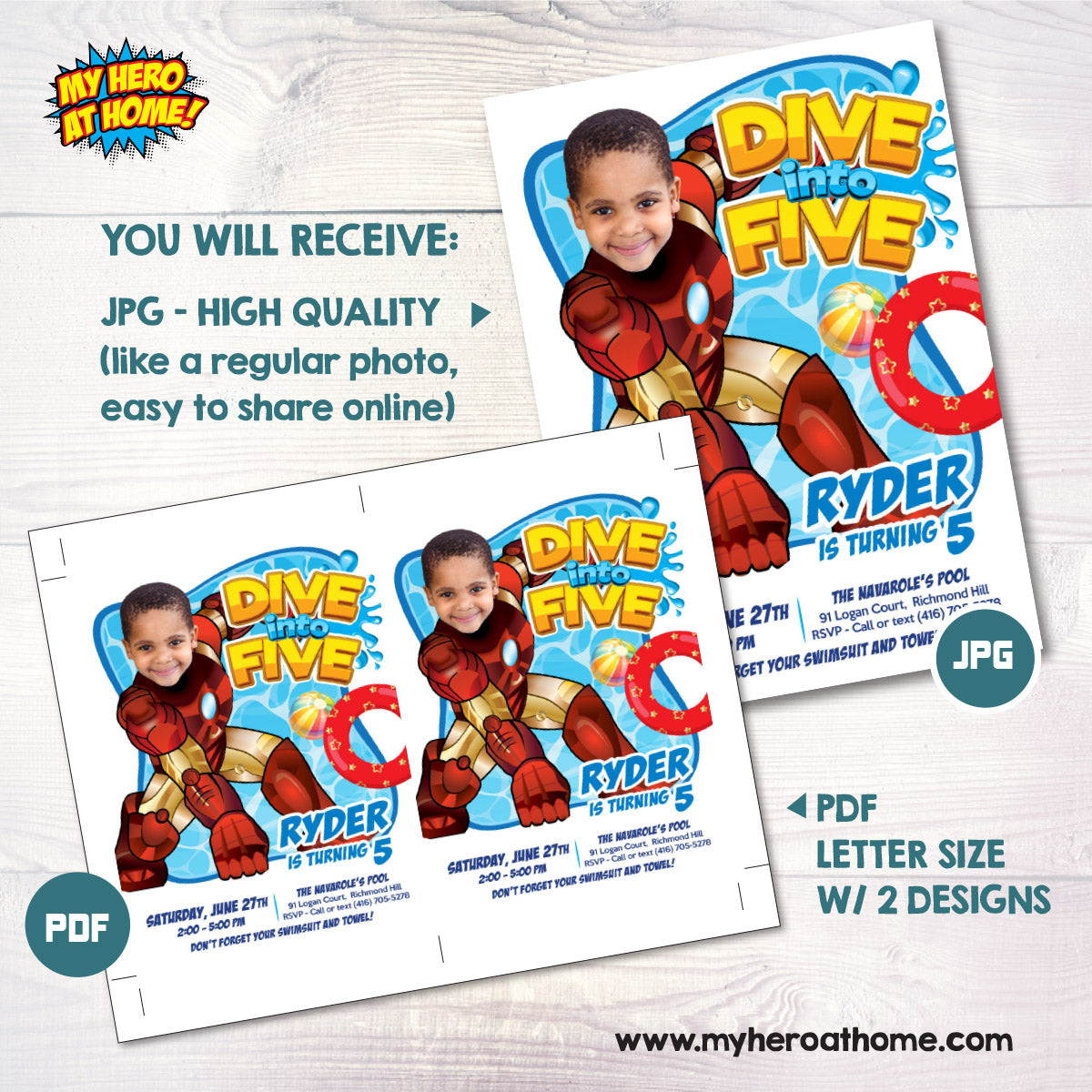 Personalized Ironman Pool Party Dive into Age Invitation with photo (Digital). 708BIN