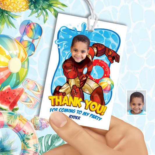 Custom Iron Man Pool Party Thank You and Favors Tags with photo (3 sizes). 708BTY