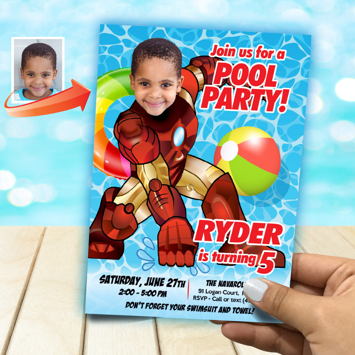 Custom Iron Man Pool Party Invitation template with kid as favorite Avenger. 708IN