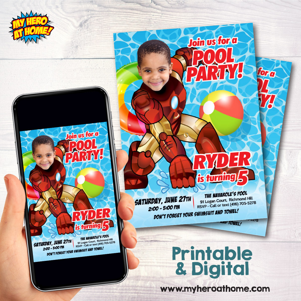 Custom Iron Man Pool Party Invitation template with kid as favorite Avenger. 708IN