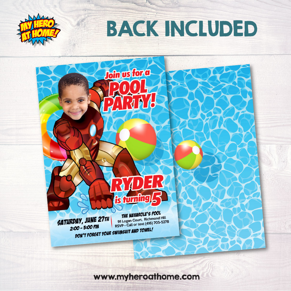 Custom Iron Man Pool Party Invitation template with kid as favorite Avenger. 708IN