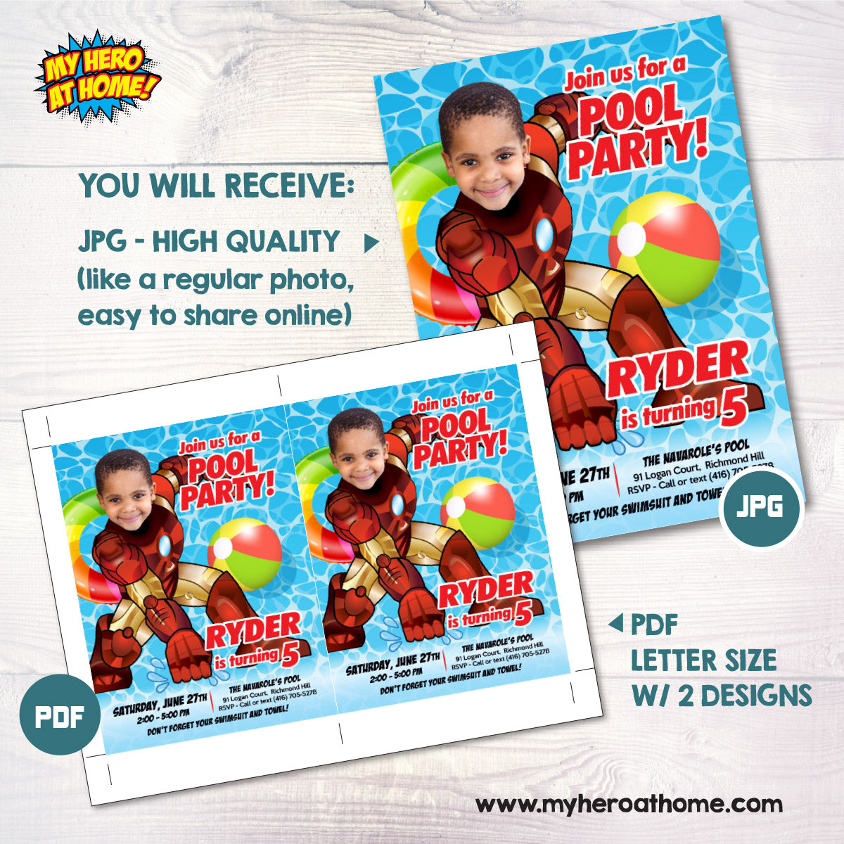Custom Iron Man Pool Party Invitation template with kid as favorite Avenger. 708IN