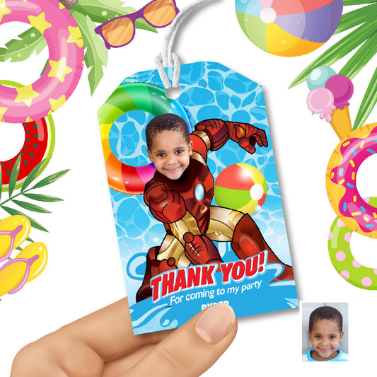 Ironman Pool Party Thank You, Favors Tags with photo (3 sizes included). 708TY
