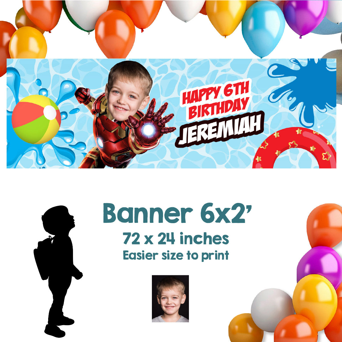 Ironman Pool Party Horizontal Banner customized with your kid as Ironman (6x2', Landscape). 709BBH