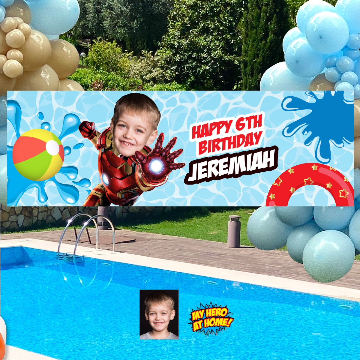 Ironman Pool Party Horizontal Banner customized with your kid as Ironman (6x2', Landscape). 709BBH