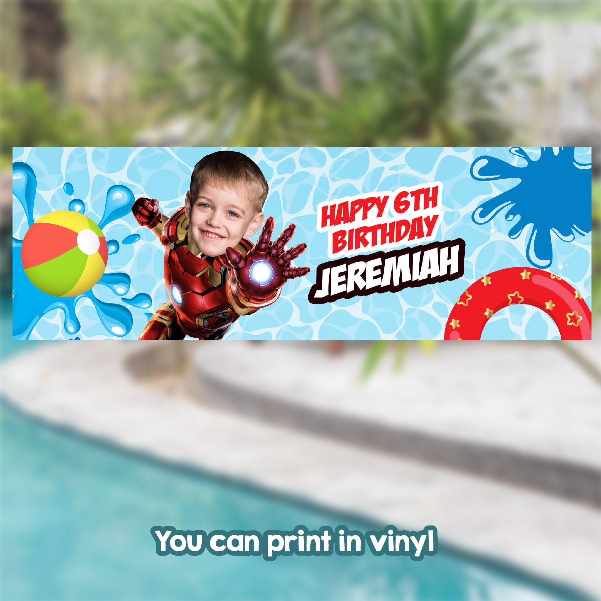 Ironman Pool Party Horizontal Banner customized with your kid as Ironman (6x2', Landscape). 709BBH