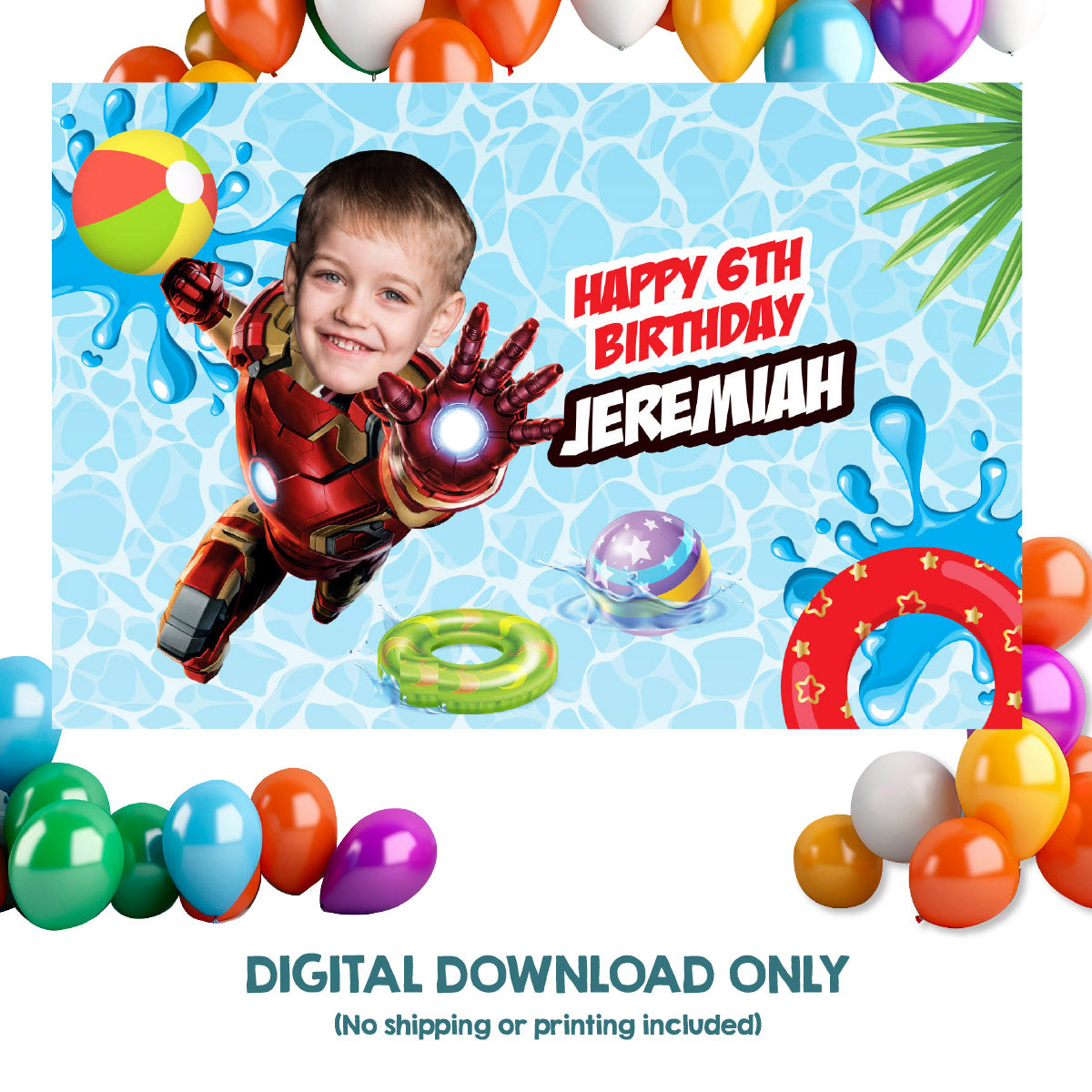 Ironman Pool Party Banner Backdrop with birthday boy as Iron Man. 709BB