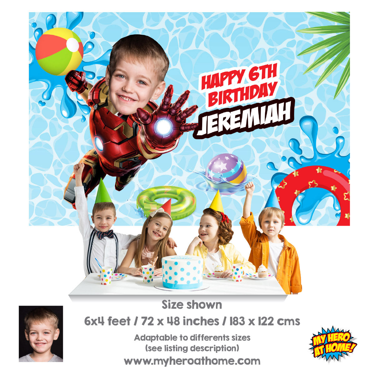 Ironman Pool Party Banner Backdrop with birthday boy as Iron Man. 709BB
