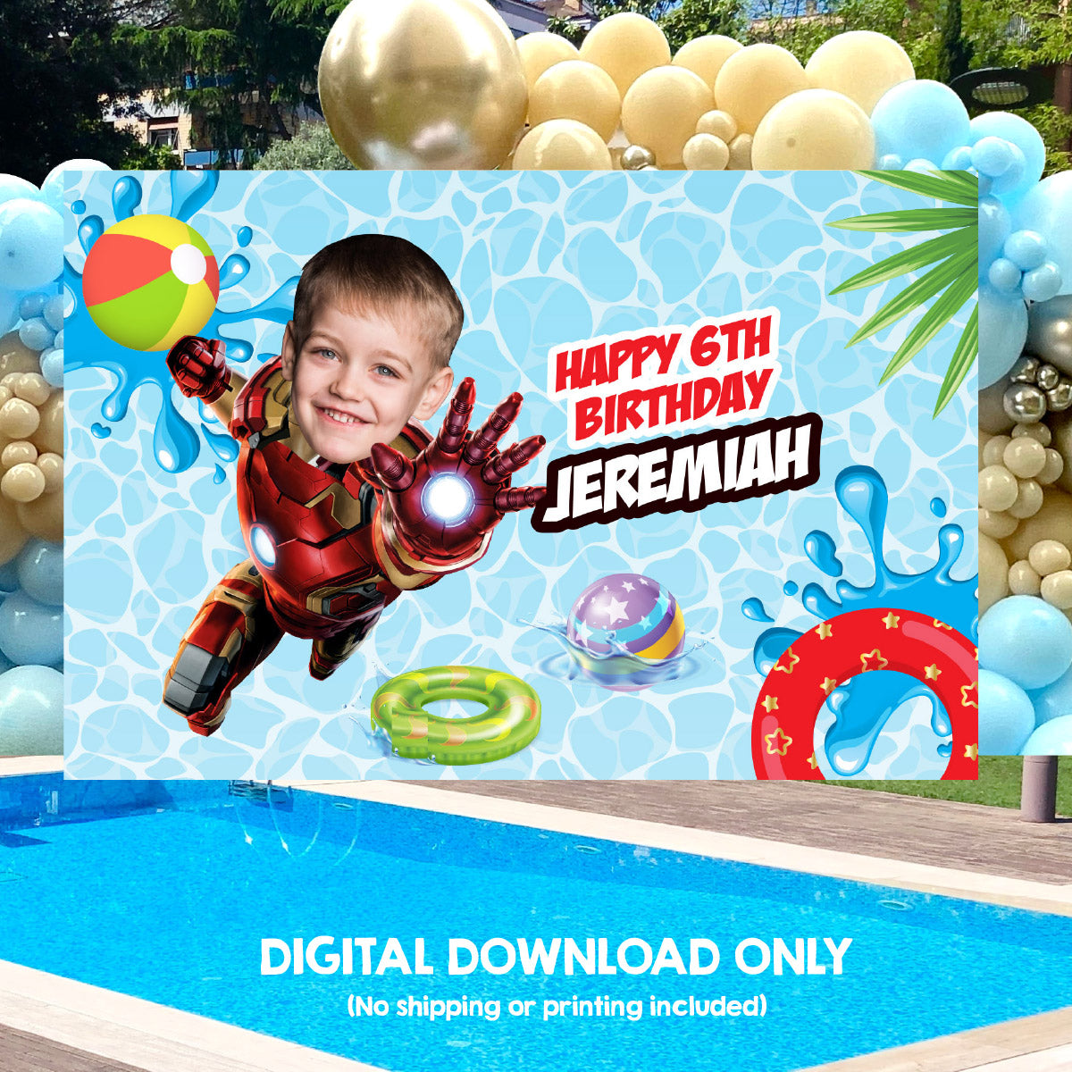 Ironman Pool Party Banner Backdrop with birthday boy as Iron Man. 709BB