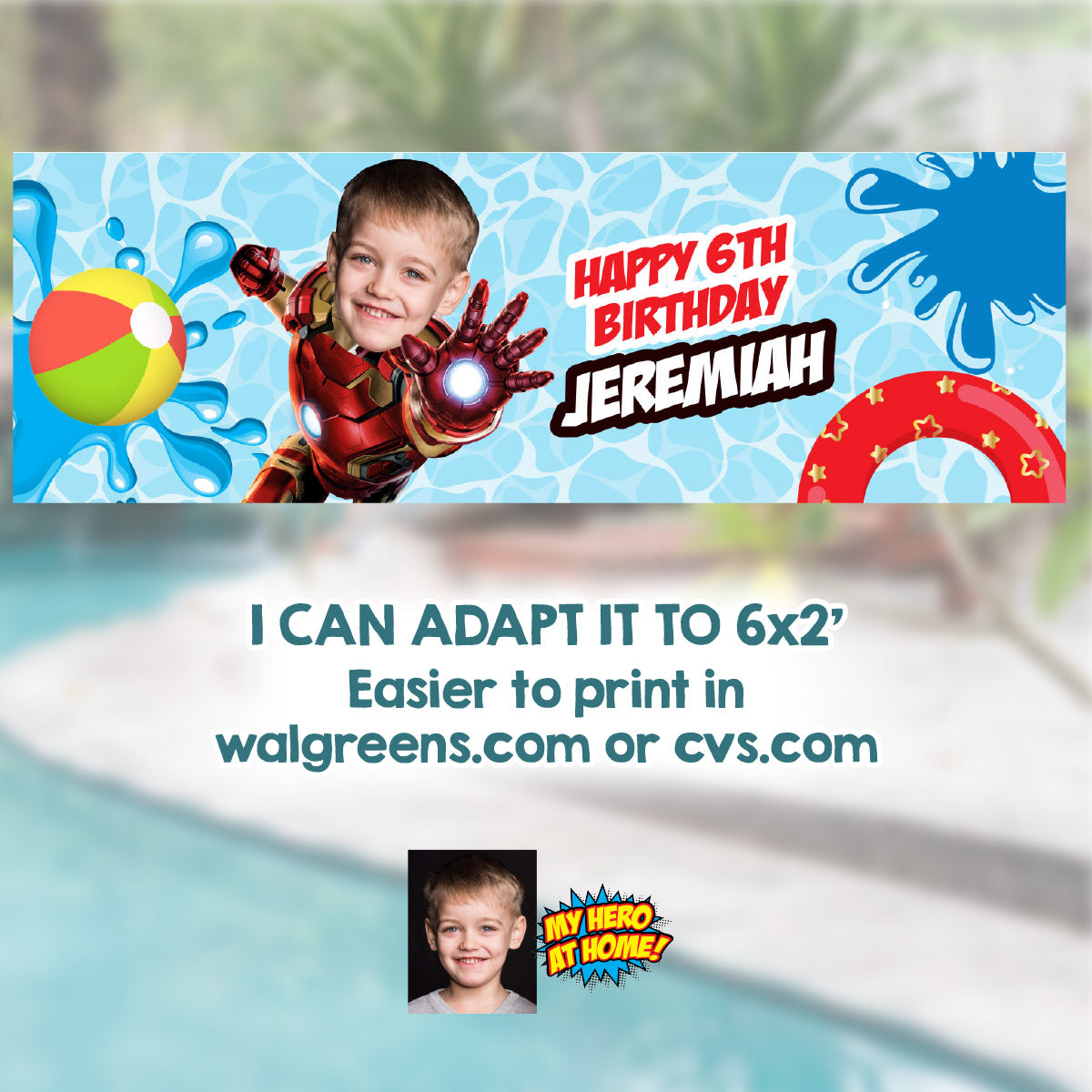 Ironman Pool Party Banner Backdrop with birthday boy as Iron Man. 709BB