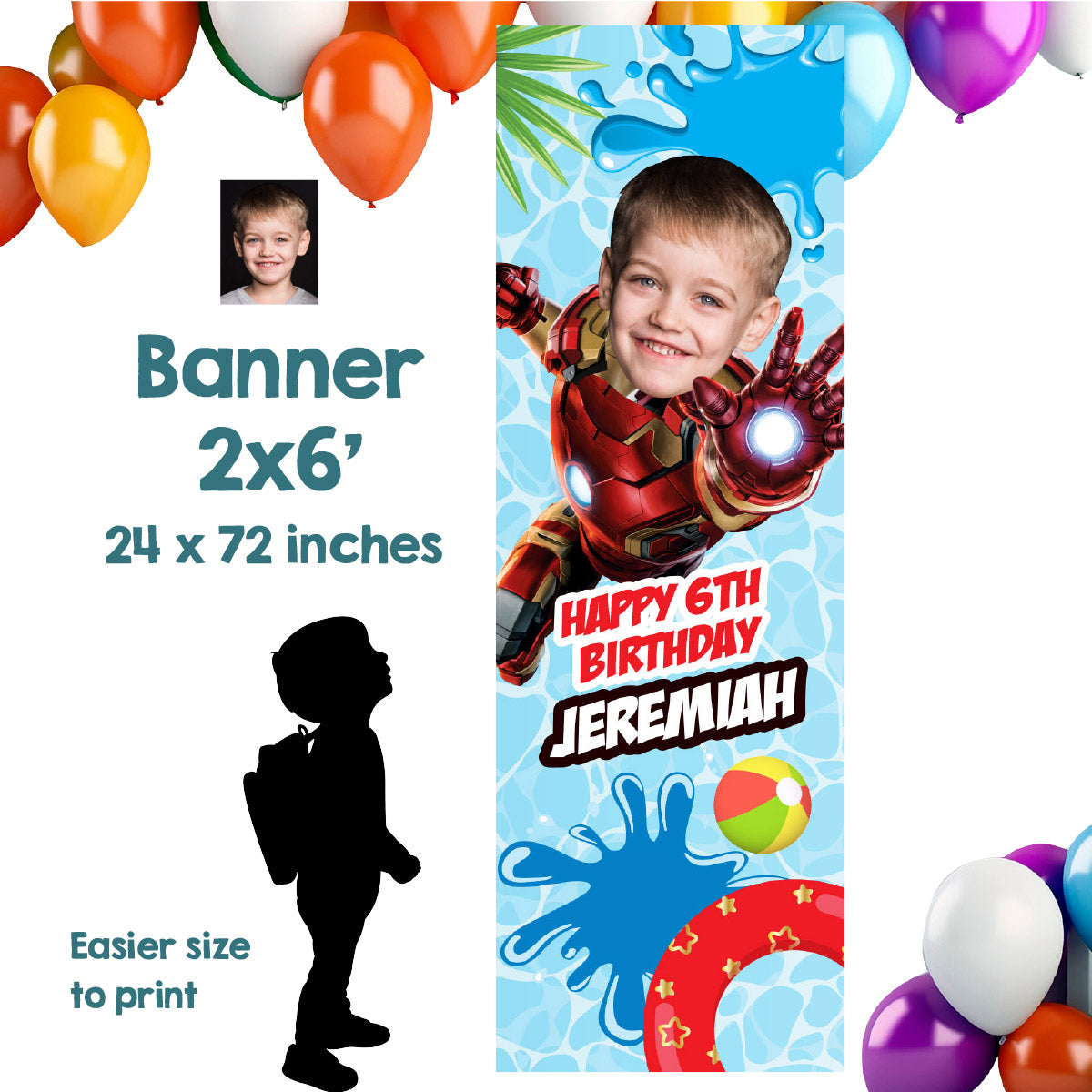 Ironman pool party vertical banner with birthday kid as Ironman (Portrait, Roll up banner). 709BBV