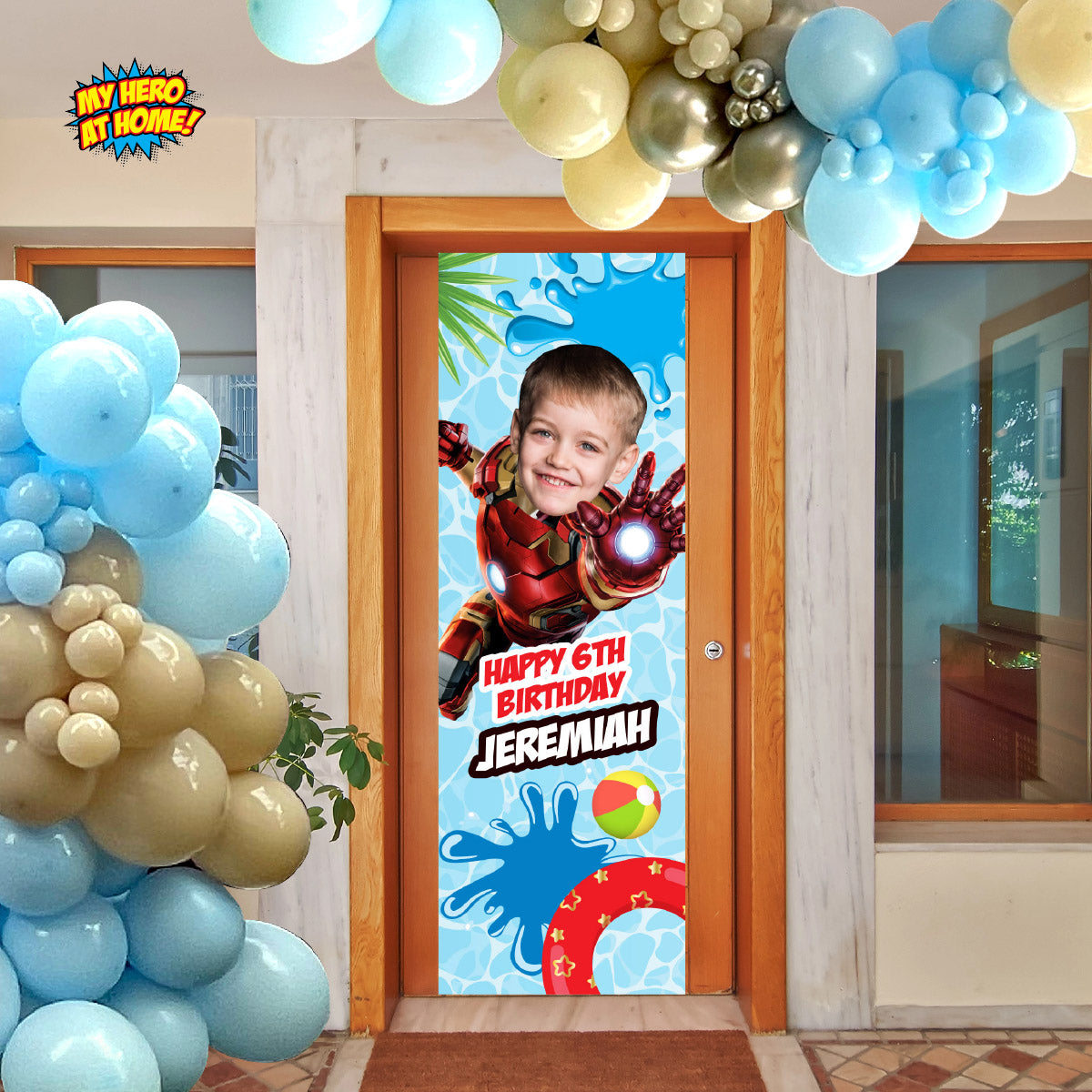 Ironman pool party vertical banner with birthday kid as Ironman (Portrait, Roll up banner). 709BBV