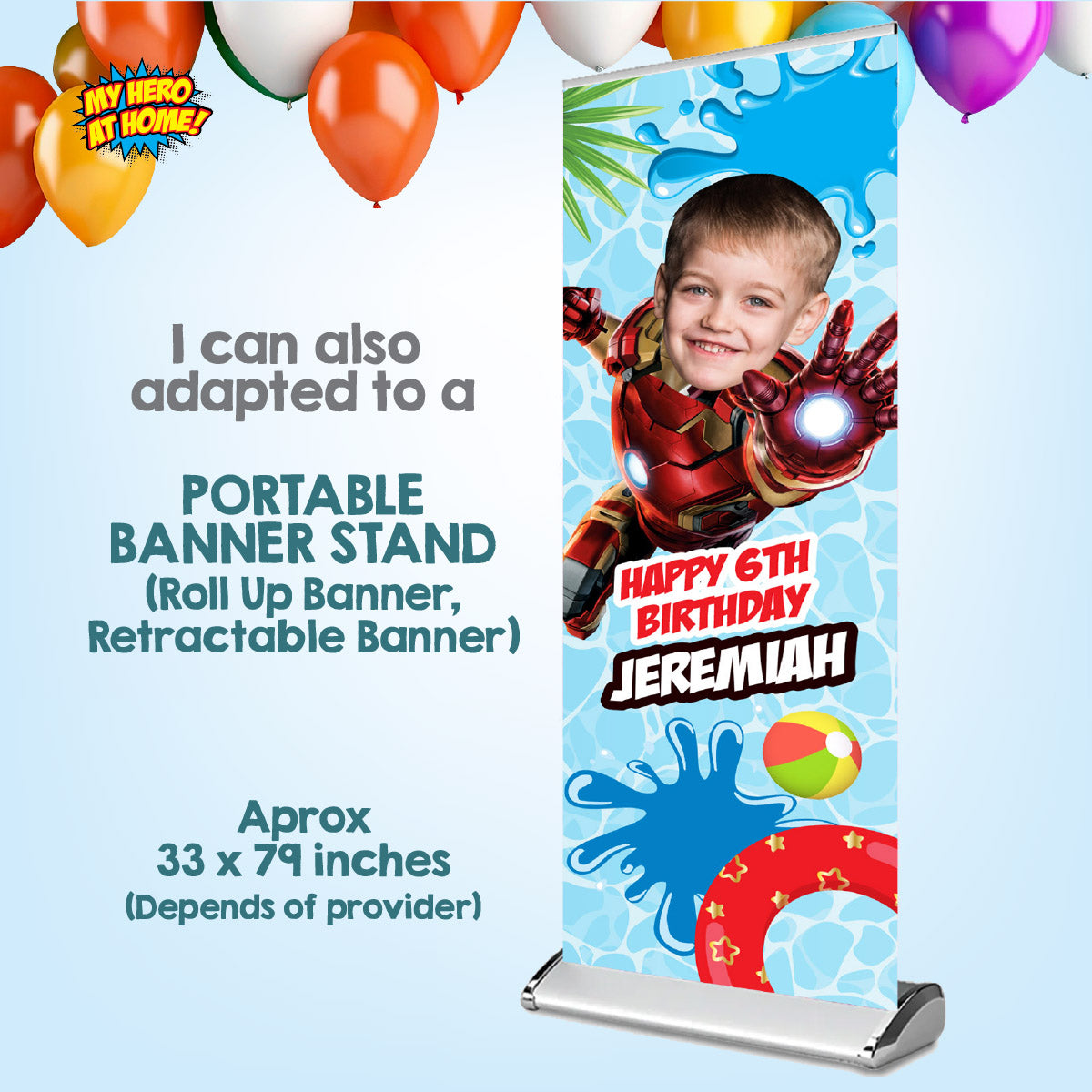 Ironman pool party vertical banner with birthday kid as Ironman (Portrait, Roll up banner). 709BBV